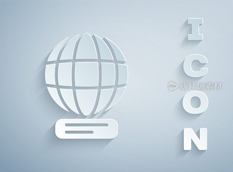 Paper cut Worldwide icon isolated on grey background. Pin on globe. Paper art style. Vector
